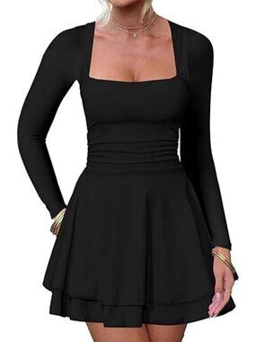 Women's Black Square Neck Ruffle Mini Dress Long Sleeve Bodycon Halloween Party